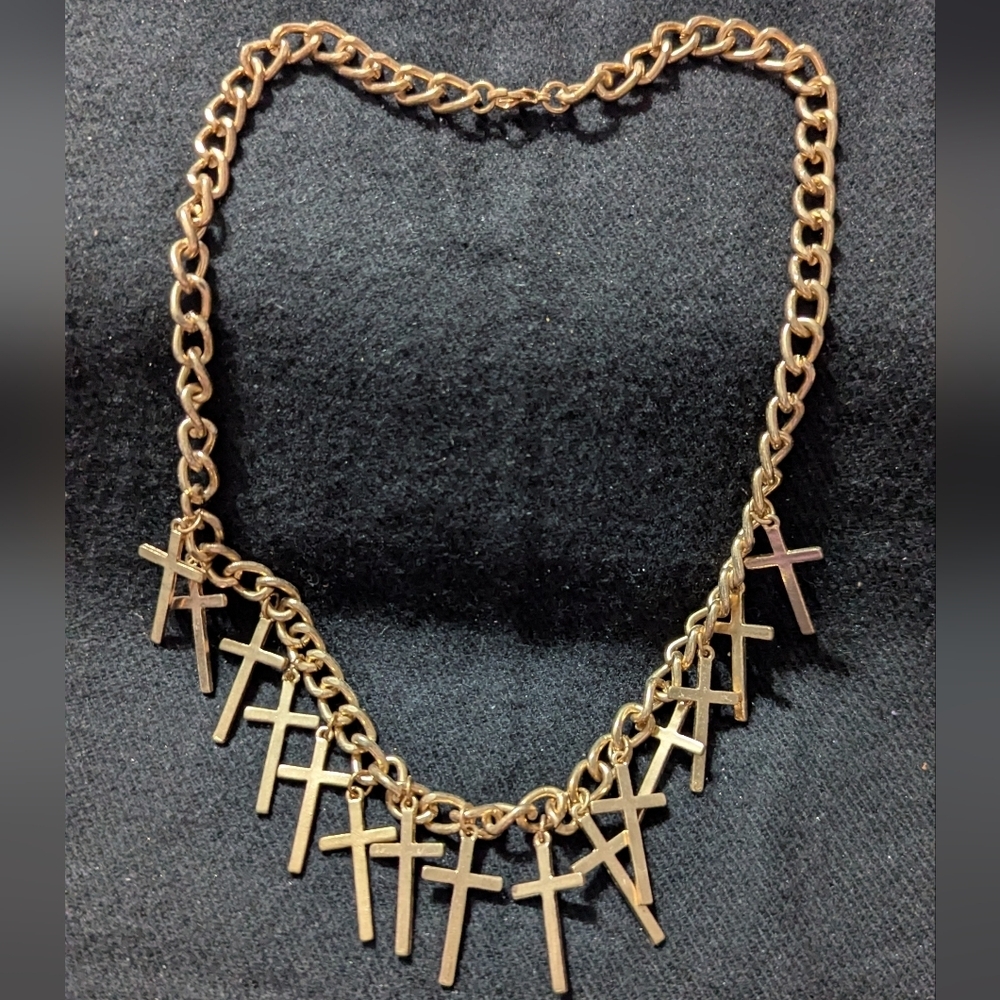 Gold Tone Cross Charm Pendant Statement Necklace